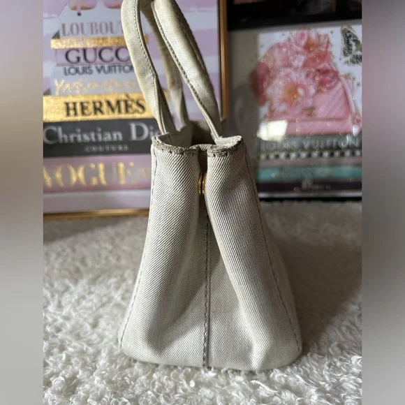 Vintage Prada Small Canapa Denim Logo Tote in Bianco Grey/white - Picture 3 of 16